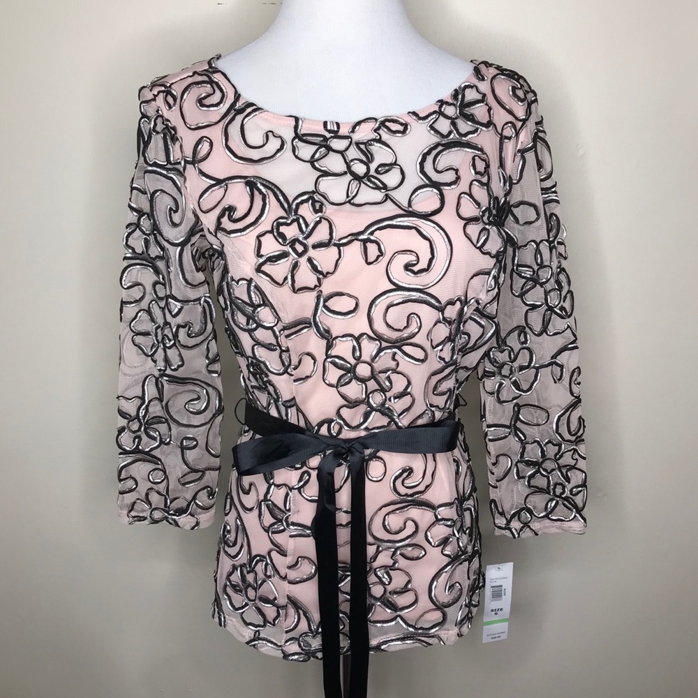 Onyx‎ Nite Blush Black Floral Net Top w/ Belt Sz S NWT Fairy Grunge office siren